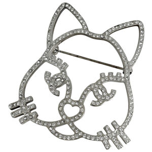 Chanel cat motif rhinestone brooch, Coco Mark silver plated, silver, women's.